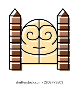 Illustrating a stylized decorative gate with intricate scrollwork, flanked by two sturdy brick like pillars, creating a welcoming and secure entranceway to a property