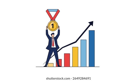 Illustrating a Successful Businessperson Holding a First Place Gold Medal Above a Growing Bar Chart Representing Financial Performance and Achievement
