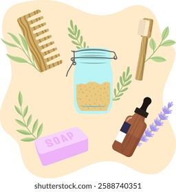 Illustrating sustainable living with eco-friendly items like a wooden comb, glass jar, soap, and toothbrush surrounded by green leaves