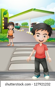 Illustratio of a boy and a girl near the gasoline station