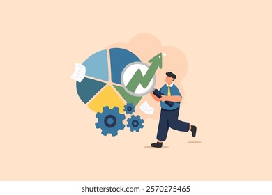 An illustratio a Businessman  with a magnifying glass, exploring colorful pie charts. Professionalism, ideal for business presentations, educational materials Analytics in Business Growth.