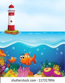 illustratio of a light house, fishes and coral in sea