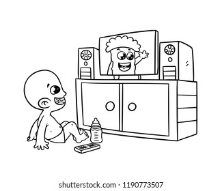 illustration of a 1 year old boy laughing watching TV