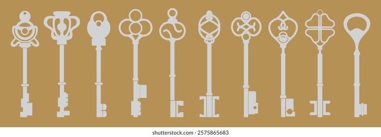 Illustration of 10 ornate white keys on a brown background. Each key features unique, intricate designs. Decorative keys, artistic keys, vintage keys. Element vector set.