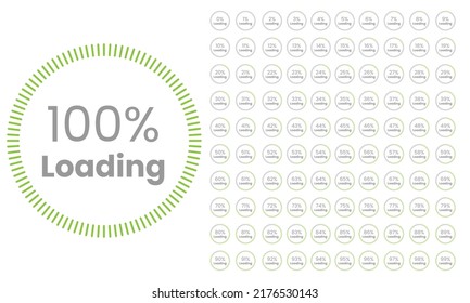 The illustration of 100 percent (100%) is a vector in a circle with a green-grey on a white background. The stat has many percent sets of the rest of the number for a pie chart report