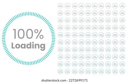 The illustration of 100 percent (100%) is a vector in a circle with a blue-grey on a white background. The stat has many percent sets of the rest of the number for a pie chart report