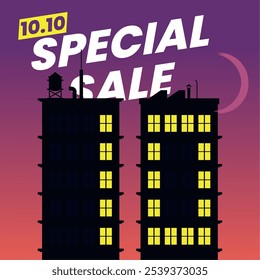 Illustration of an 10.10 Special Sale night cityscape. Two tall buildings with glowing windows form the number '10' against a purple evening sky, adding a unique urban flair.