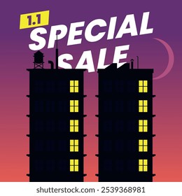 Illustration of an 1.1 Special Sale night cityscape. Two tall buildings with glowing windows form the number '11' against a purple evening sky, adding a unique urban flair.