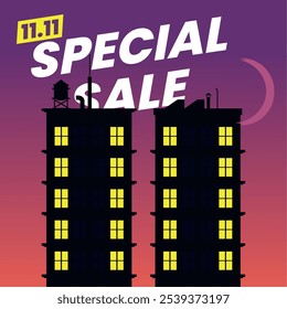 Illustration of an 11.11 Special Sale night cityscape. Two tall buildings with glowing windows form the number '11 11' against a purple evening sky, adding a unique urban flair.