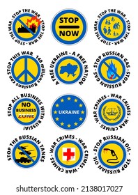 illustration with 12 symbols in the colours of flag of Ukraine with stop now, the war, gas, oil, all business, war crimes, tanks, Ukraine is a free nation.