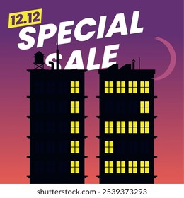 Illustration of an 12.12 Special Sale night cityscape. Two tall buildings with glowing windows form the number '12' against a purple evening sky, adding a unique urban flair.