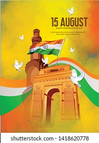 illustration of 15 august Happy Independence Day of India Indian monument and Landmark with background , poster, card, banner