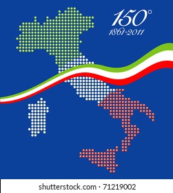 Illustration for the 150th anniversary of Italian unity, with a graphical map of Italy represented as LED spheres with Italian flag colors