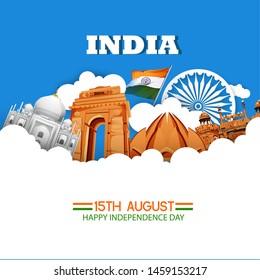 illustration of 15th August india Happy Independence Day with indian monoments