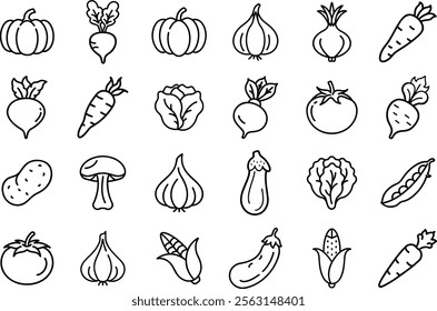 An illustration of 18 vegetables drawn in black line art style, including avocado, corn, eggplant, garlic, mushroom, potato, radish, and tomato.