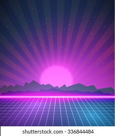 Illustration Of 1980 Neon Poster Retro Disco 80s Background Made In Tron Style With Flares, Stars