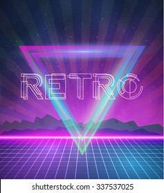 Illustration of 1980 Neon Poster Retro Disco 80s Background made in Tron style with Triangles, Flares, Partickles