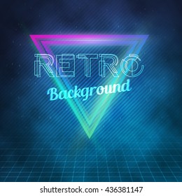 Illustration Of 1980 Neon Poster Retro Disco 80s Background Made In Tron Style With Triangles, Flares, Partickles