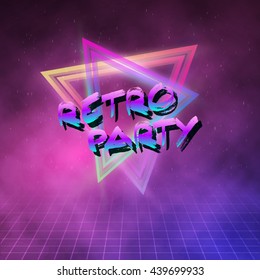 Illustration Of 1980 Neon Poster Retro Disco 80s Background Made In Tron Style With Triangles, Flares, Partickles