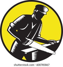 Illustration of a 19th century carpenter builder holding wearing hat sawing wood set inside circle done in retro woodcut style. 

