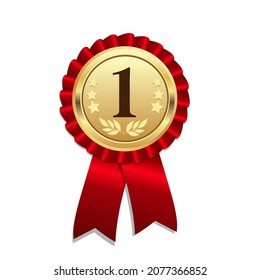 illustration 1st place award, satin ribbon, award rosette, prize, competition award, gold, vector