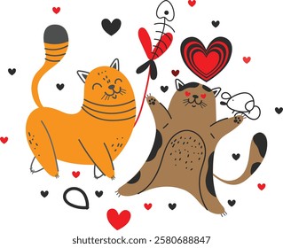 Illustration of 2 cats on Valentine's Day with gifts and lots of loving red and black hearts.