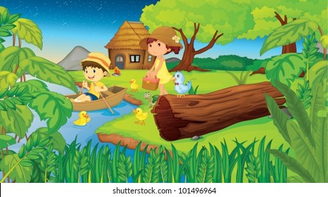 Illustration of 2 children camping in the woods