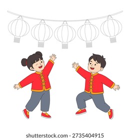 Illustration of 2 Children playing below the lantern for Lunar New Year.
