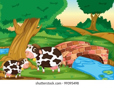 Ilustración de dos vacas en un pasto