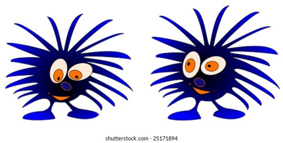Illustration of 2 cute blue hairy monsters with orange eyes looking up and down
