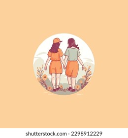 illustration of 2 friends holding hands, friendship day . logo modern flat color 