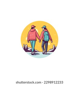 illustration of 2 friends holding hands, friendship day . logo modern flat color 