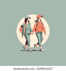 illustration of 2 friends holding hands, friendship day . logo modern flat color 