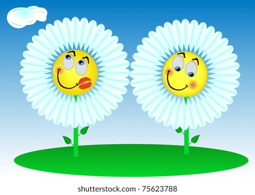Illustration 2 funny enamoured flowers with leaves