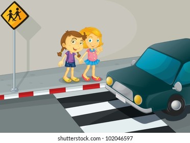 Illustration of 2 girls crossing the street