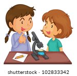 Illustration of 2 girls using a microscope