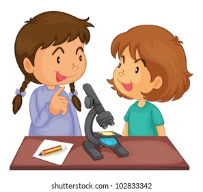 Illustration of 2 girls using a microscope