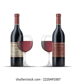 Ilustración de 2 vasos de botellas de vino rojo y vino aisladas en un fondo blanco