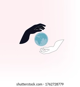 Illustration von 2 Händen. Schwarz-Weiß. Kein rassistisches Poster. Die Welt liegt in unseren Händen. SAVE-Planet