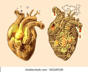 Illustration of 2 hearts mechanical and alive. Hand drawn vintage vector. Steampunk style. Us for print for t-shirt, smart phone, poster, web.Happy Valentine's Day card.