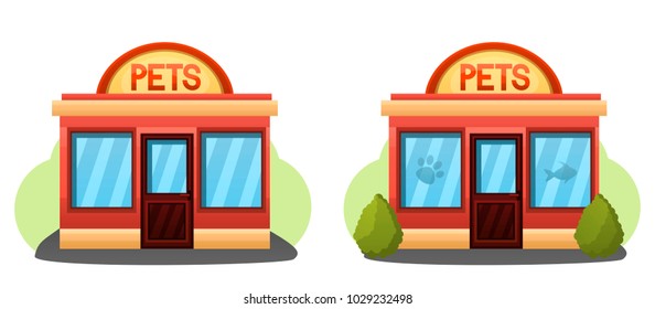 Illustration of 2 modern pet store or grooming pet salon buildings.Pet shop concept. Animal grooming salon illustration.Vector illustration