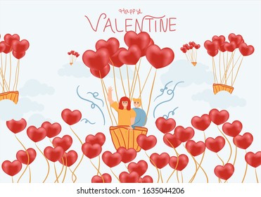 illustration of 2 people in love and valentine's day with heart balloons,background sales of love day with heart balloons and clouds, with a flat illustration style. Vector illustration.