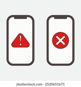 ilustração de 2 telefones com sinais de aviso e cruzes na tela