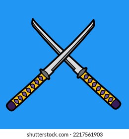 illustration of 2 swords clashing against each other on a blue background suitable for logos or symbols of assertiveness or traditional tool recognition campaigns