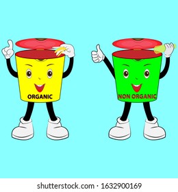 illustration 2 trash can with a cute expression. illustration of organic and non organic trash cans with attractive colors. This illustration is suitable for web banners and business symbols
