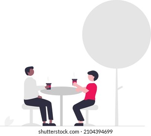 illustration of 2 warm men after coming home from work drinking coffee in a cafe outdoor. Vector illustrations