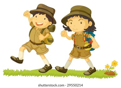 Illustration of 2 young kids hiking