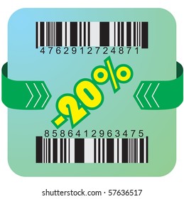 Illustration of 20 % discount with bar codes, and arrow
