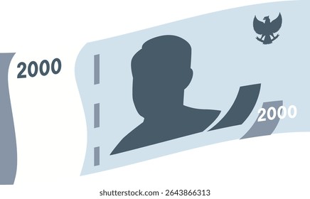 Illustration of 2,000 Rupiah bill in flat gray style with silhouette. Great for digital content involving finance, savings, or Indonesian currency.