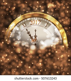 Illustration 2017 New Year Midnight, Glowing Background with Clock - Vector